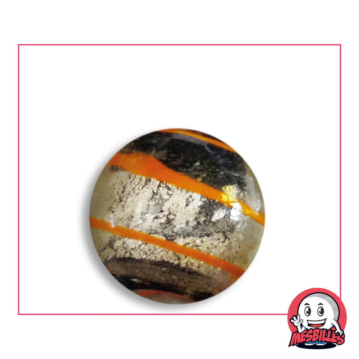 Bille Oeil de Dragon Rayé Orange 25 mm KimPlay Collector en verre clair à décor argenté rayé d'orange, vue de dessus, 25 mm de diamètre