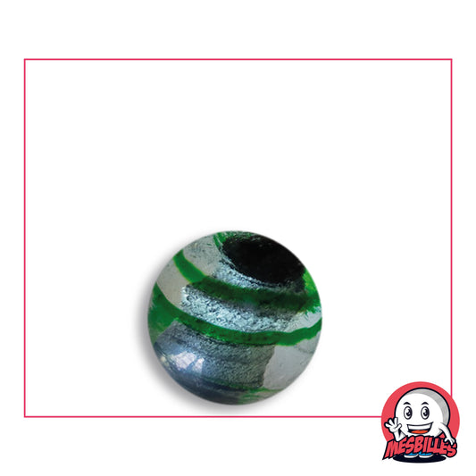 Murmel Oeil de Dragon Grün gestreift 16 mm KimPlay Collector aus klarem Glas mit grün gestreiftem Silberdekor, Ansicht von oben, 16 mm Durchmesser