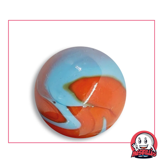 Grande bille Orange-Turquoise en verre opaque orange vif à rubans turquoise clair, vue de dessus, 35 mm de diamètre