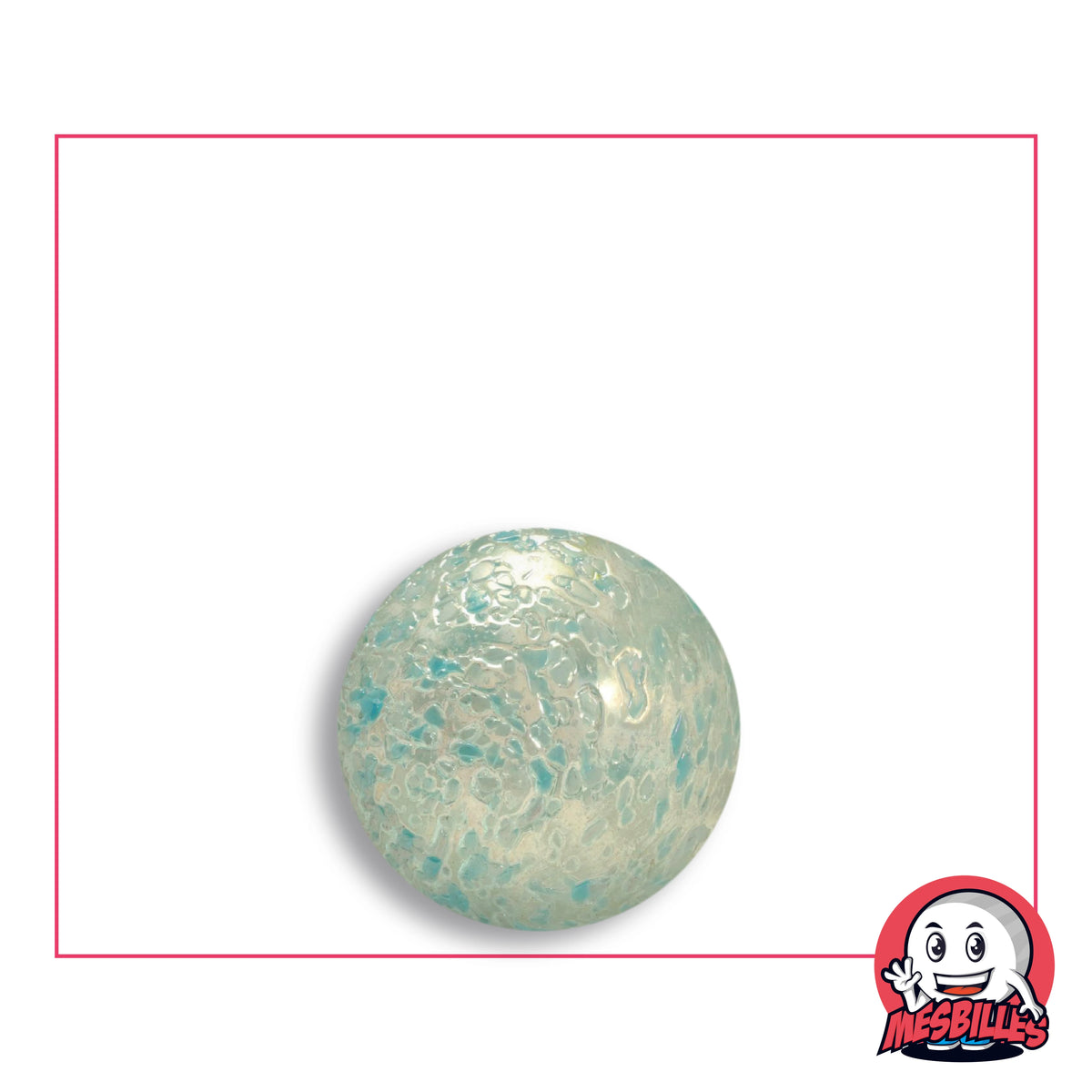 Bille Pépite Bleu 16 mm en verre translucide à éclats bleu clair, turquoise pâle et blancs, vue de dessus, 16 mm de diamètre