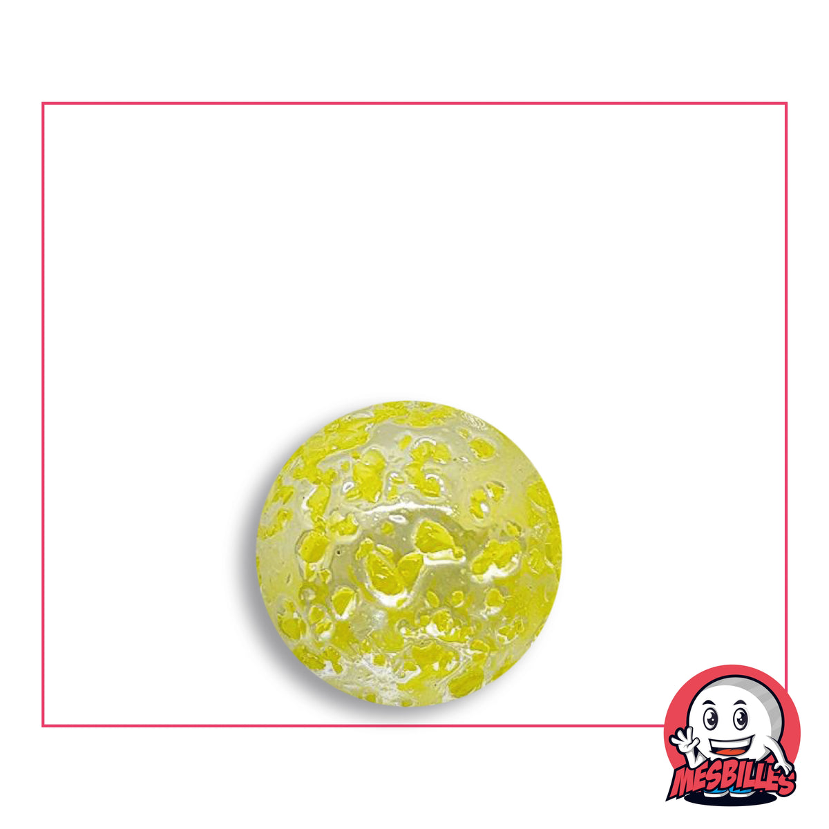 Bille Pépite Jaune 16 mm en verre translucide incolore à éclats jaune citron, vue de dessus, 16 mm de diamètre