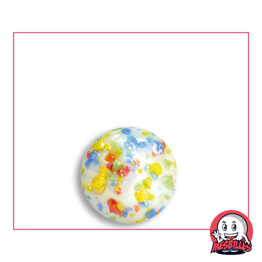 Bille Pépite Météorite 16 mm en verre blanc opaque à éclats jaunes, bleus, rouges, verts et orangés, vue de dessus, 16 mm de diamètre