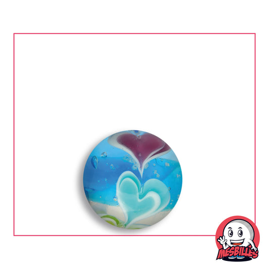 Bille Phosphorescente Art Ice Cream Bleu 16 mm en verre bleu à cœur violet et cœur turquoise, vue de dessus, 16 mm de diamètre
