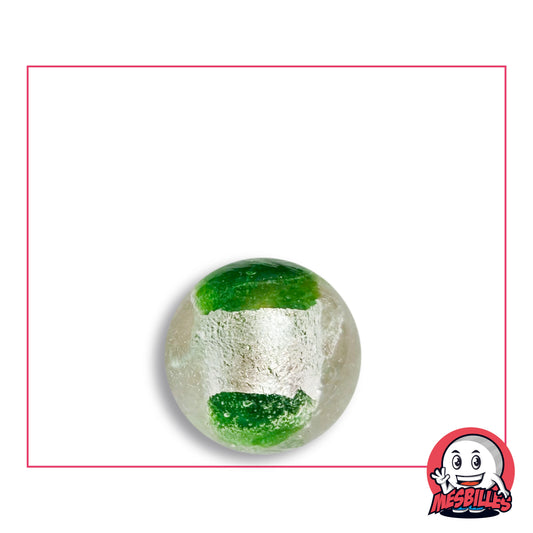 Bille Planète Vert 16 mm Collector en verre clair à cylindre d'aspect argenté froissé fermé par deux pastilles vert sapin, vue de dessus, 16 mm de diamètre