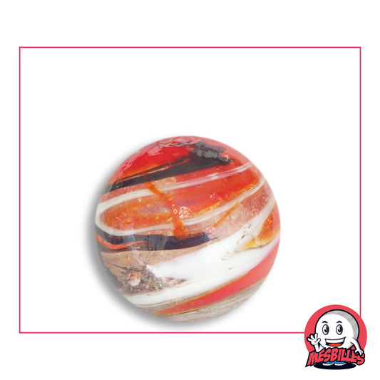 Bille Speedy Noir et Rouge 25 mm Collector en verre clair à bandes rouges, orange et blanches, traînées brun noir, vue de dessus, 25 mm de diamètre
