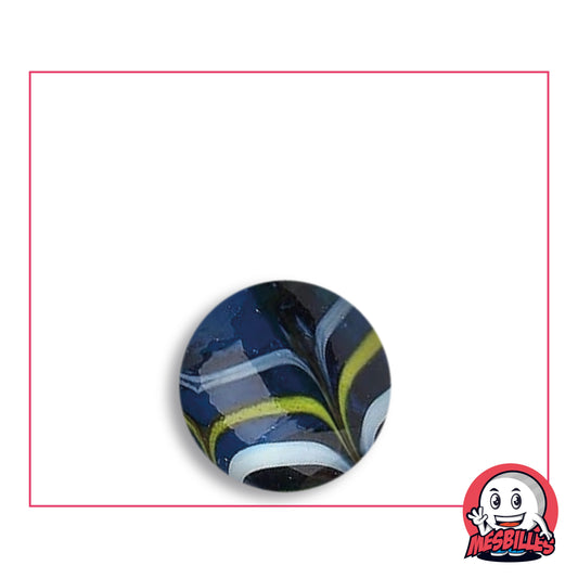 Bille Spider Bleu 16 mm KimPlay Collector en verre bleu nuit à filets blancs et jaune-vert en plume, vue de dessus, 16 mm de diamètre