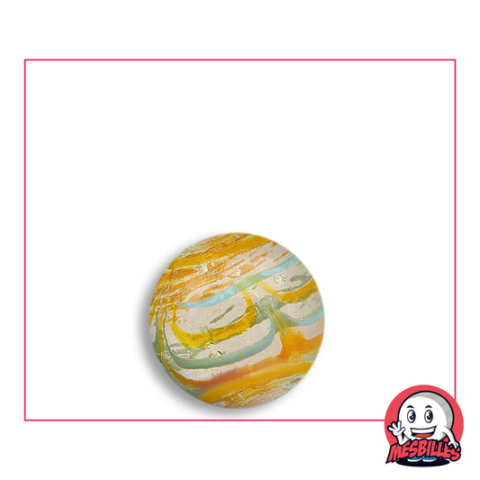 Bille Spider Orange et Bleu 16 mm KimPlay Collector en verre clair à rubans jaune orangé et filets bleu ciel, vue de dessus, 16 mm de diamètre