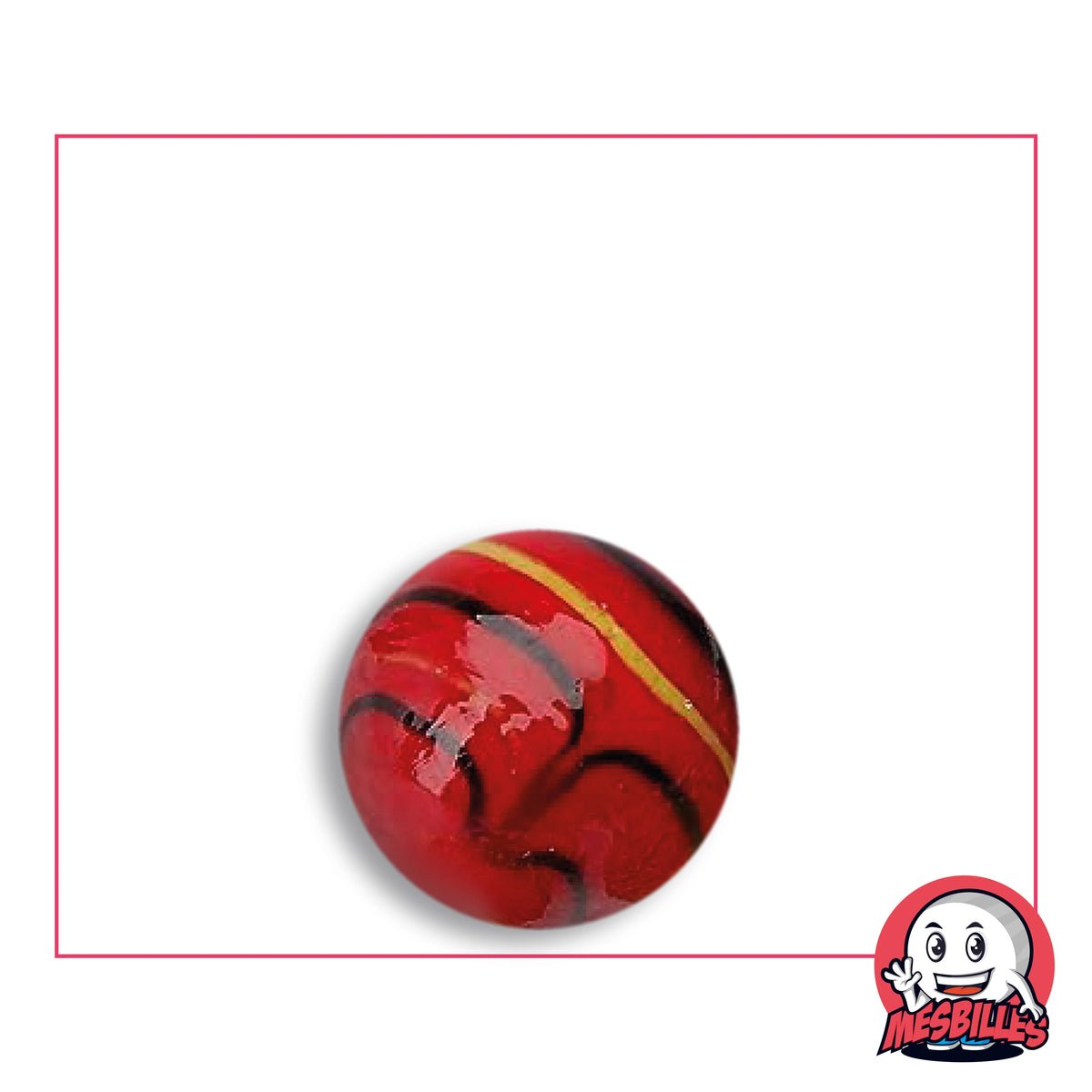 Bille Spider Rouge 16 mm KimPlay Collector en verre rouge opaque à filets noirs en arcs et filet jaune, vue de dessus, 16 mm de diamètre