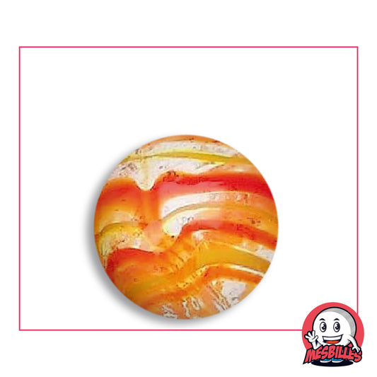 Bille Spider Rouge et Jaune 25 mm Collector en verre clair à rubans rouges, orange et jaunes ondulés, vue de dessus, 25 mm de diamètre