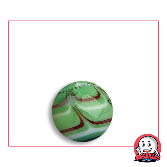 Bille Spider Vert 16 mm Collector en verre vert tendre opaque à filets blancs et bordeaux en chevrons, vue de dessus, 16 mm de diamètre