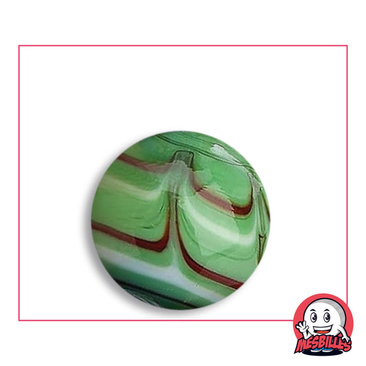 Bille Spider Vert 25 mm Collector en verre vert tendre opaque à filets blancs et bordeaux en chevrons, vue de dessus, 25 mm de diamètre