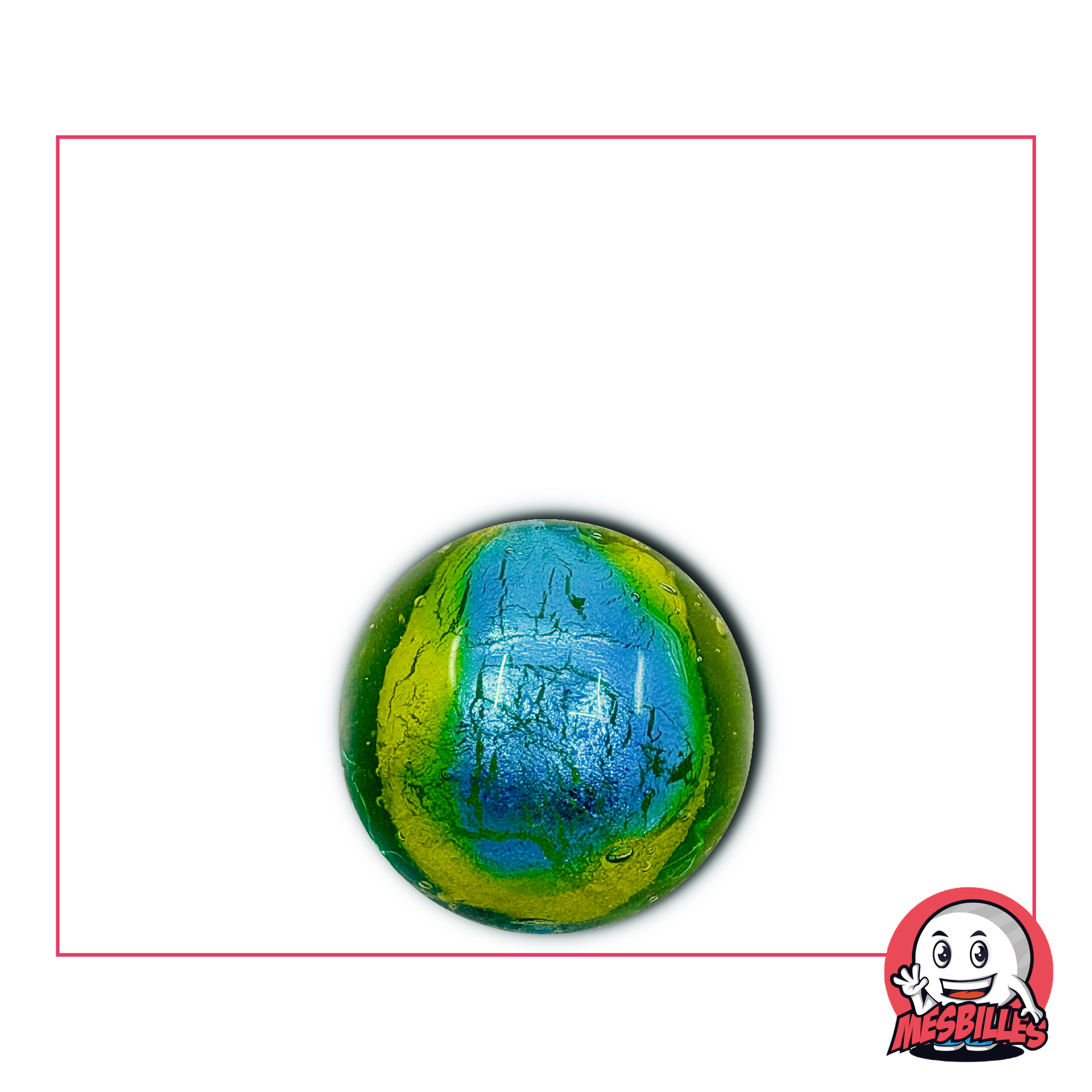 Handgefertigte Glasmurmel, 16 mm, in blaugrünen Farbtönen, die an einen Planeten aus dem Weltraum erinnern, mit Smaragd- und Türkistönen.