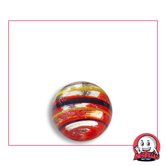 Bille Tortitta Rouge 16 mm Collector en verre rouge vif à anneaux noirs, filets jaunes et reflets argentés, vue de dessus, 16 mm de diamètre