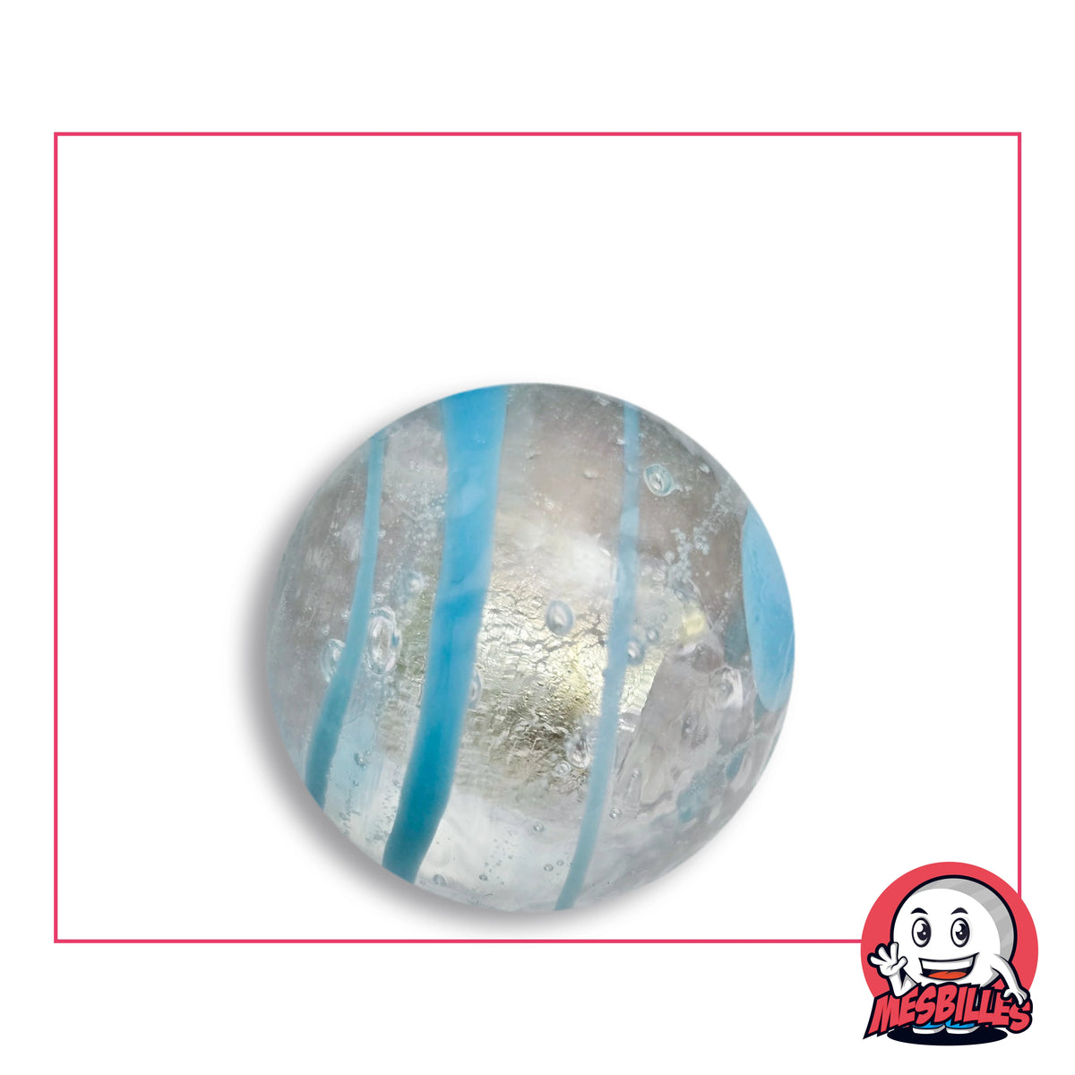 Bille Tourbillon Bleu 25 mm Collector en verre clair à bandes turquoise pâle enroulées en spirale autour d'un cœur d'aspect argenté aux reflets dorés, vue de dessus, 25 mm de diamètre
