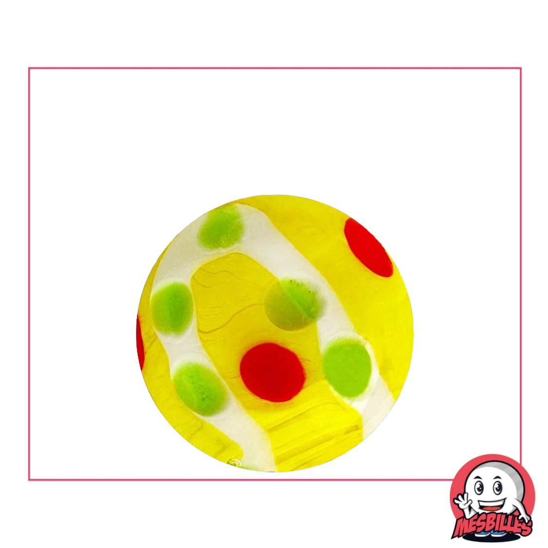 25 mm große Murmel „Citrus Pop” aus Glas, leuchtend gelb mit roten und grünen Mustern