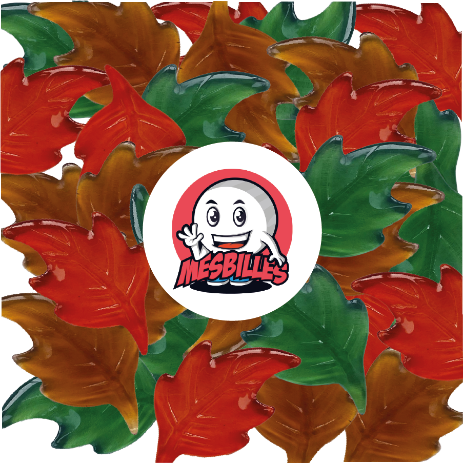 Bild des Maskottchens MeineMurmeln umgeben von extraflachen Murmeln Blätter Bernstein aus transluzentem Glas - Dekoration, Spiel und Sammlung - MeineMurmeln