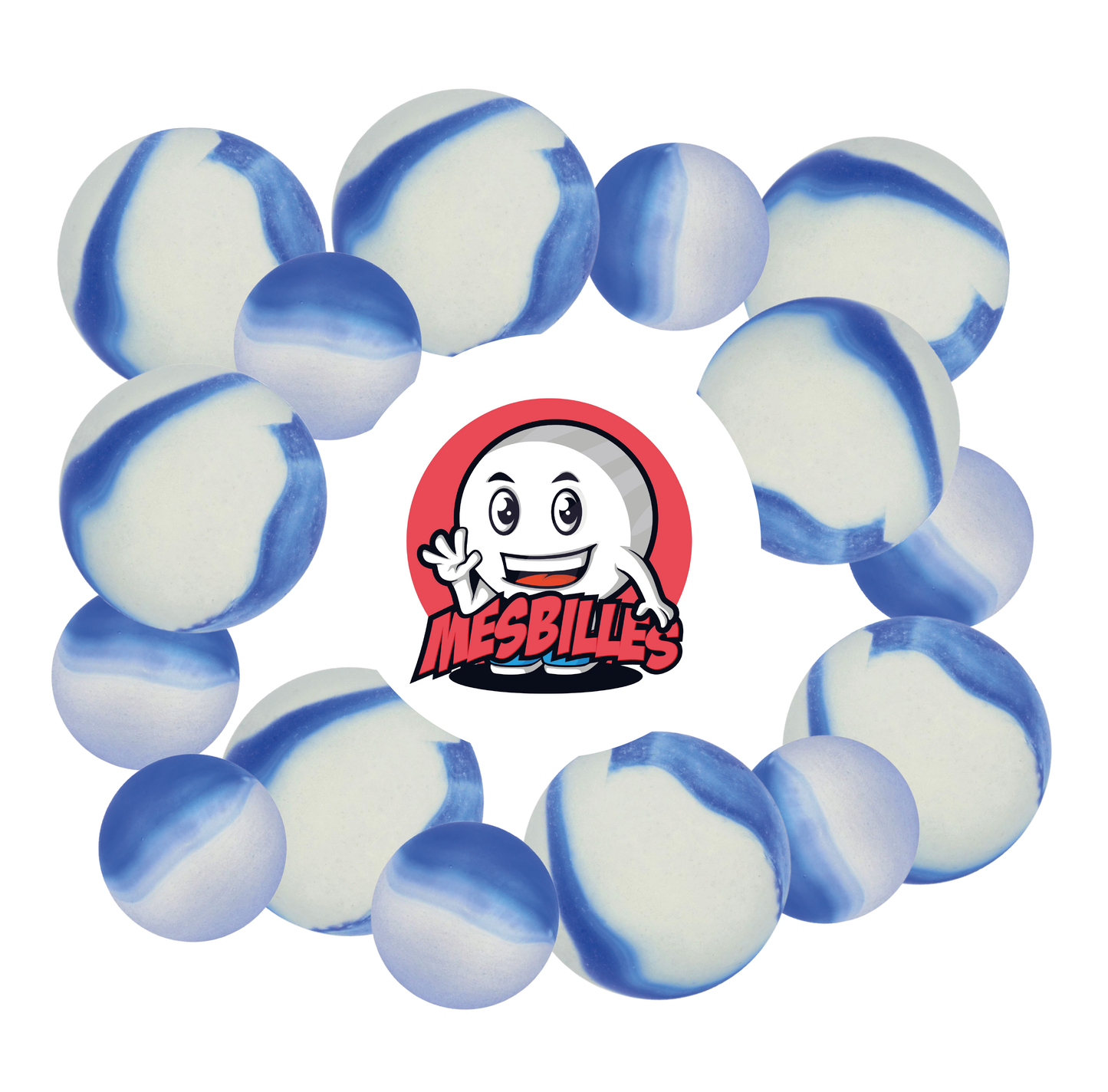 Bild des Maskottchens Meine Murmeln umgeben von Mattierten Murmeln - Glasmurmel Mattiert mit blauen Streifen 16 mm Meine Murmeln