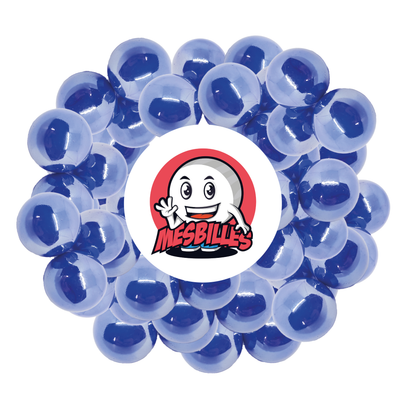 Bild des Maskottchens Meine Murmeln umgeben von glänzenden, blauen Murmeln, 22 mm – opakes, glänzendes, perlmuttfarbenes Glas