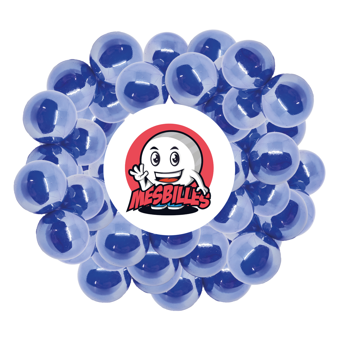 Bild des Maskottchens Meine Murmeln umgeben von Murmeln Glänzend 25 mm - Glas Opak und Glänzend Blaue Perlmutt - Meine Murmeln