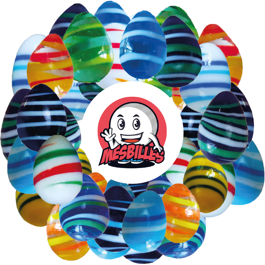 Bild des Maskottchens MeineMurmeln umgeben von Eier-Murmeln MeineMurmeln, unkonventionelle Form, intensiv blaues Glas mit weißen und blauen Streifen, 25 mm Eier-Murmeln MeineMurmeln, unkonventionelle Form, intensiv blaues Glas mit weißen und blauen Streifen, 25 mm