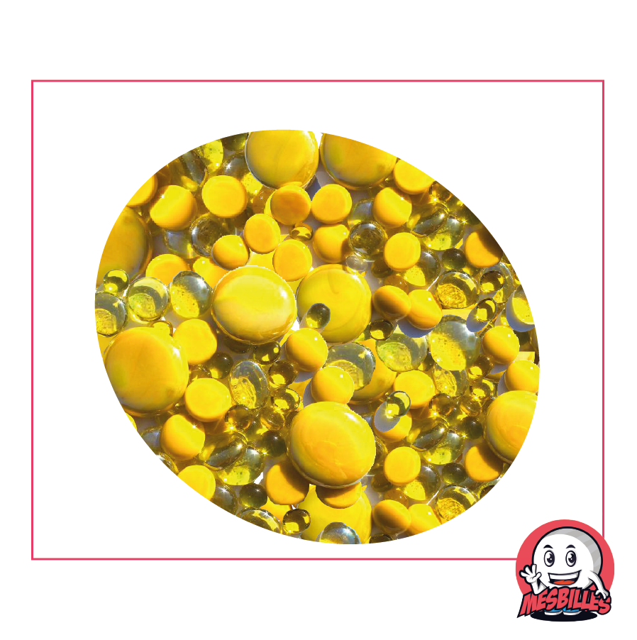 Gelbe Flache Murmeln, transparent und opak, von 12 mm bis 30 mm