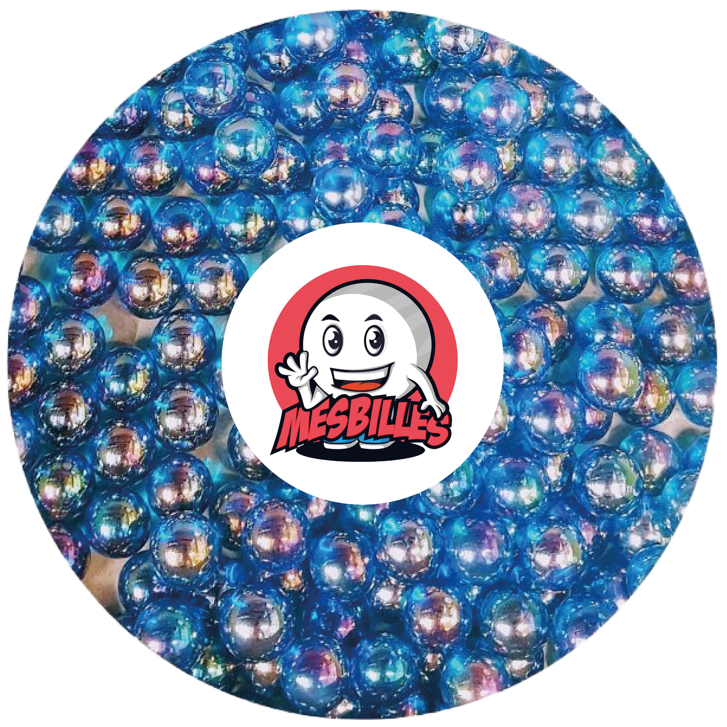 Bild des Maskottchens Meine Murmeln umgeben von Murmeln Irisierend 14 mm Blau, das Licht an den Fingerspitzen