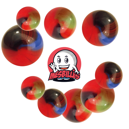 Bild des Maskottchens Meine Murmeln umgeben von Murmeln Lautrec aus orangefarbenem Glas mit grünen und braunen Streifen, 42 mm