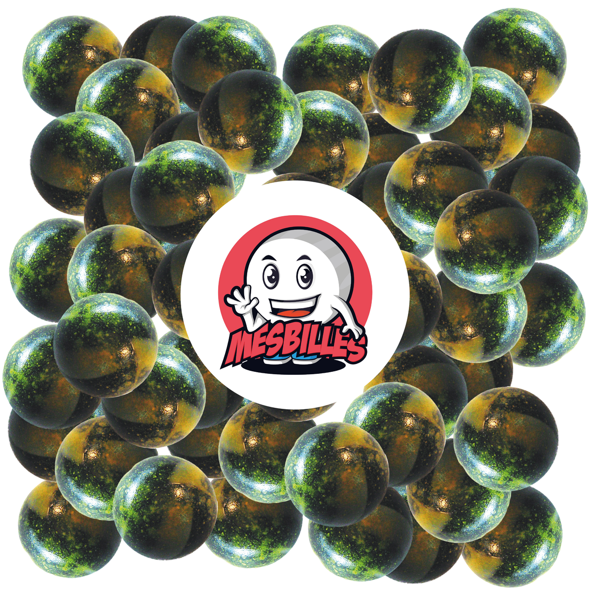 Bild des Maskottchens MeineMurmeln umgeben von Murmeln Pluton 25 mm - Glas undurchsichtig schwarz mit gelben Flecken