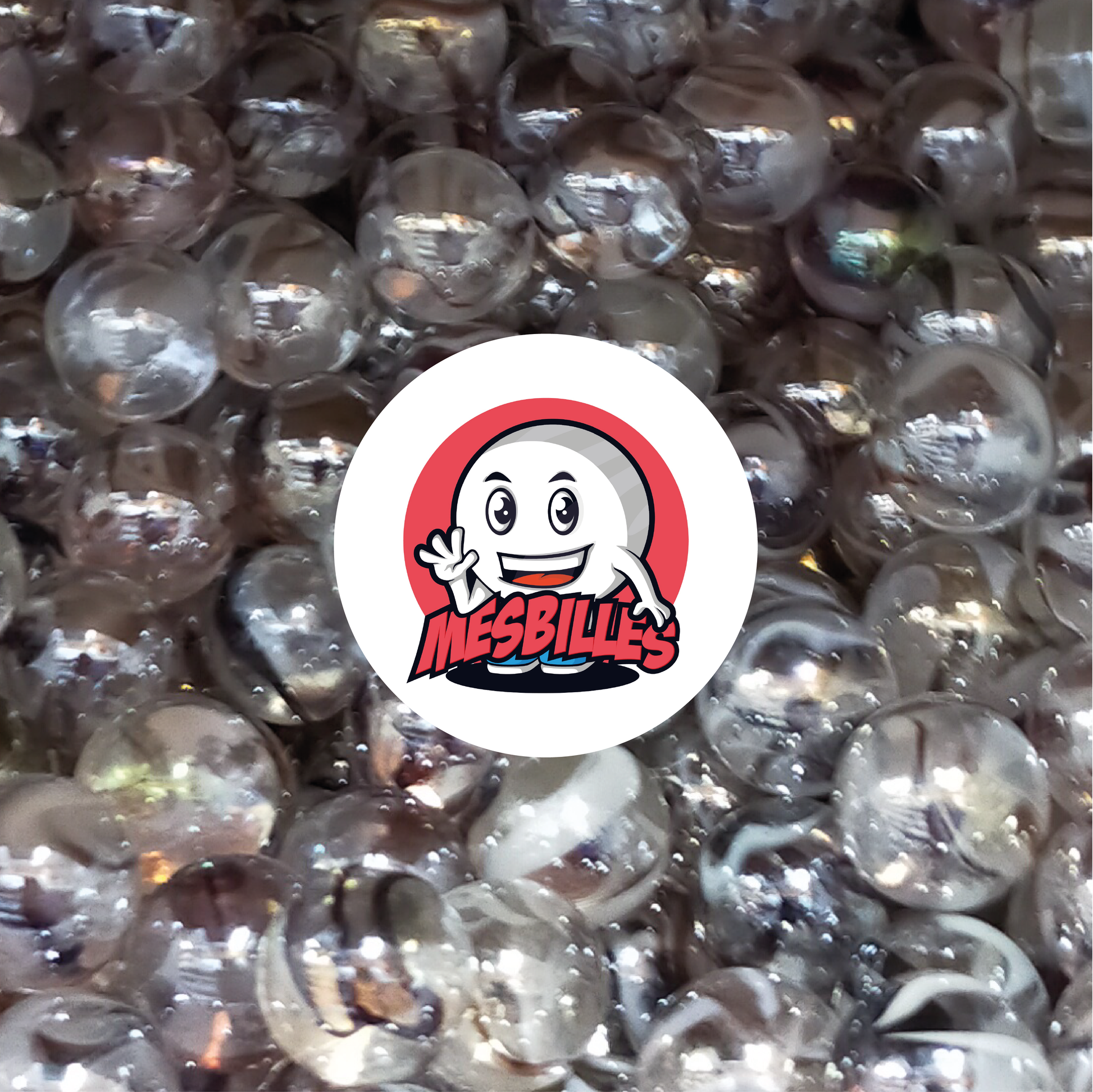 Bild des Maskottchens Meine Murmeln umgeben von Polarmurmeln 25 mm transparentes Glas Kristall braun