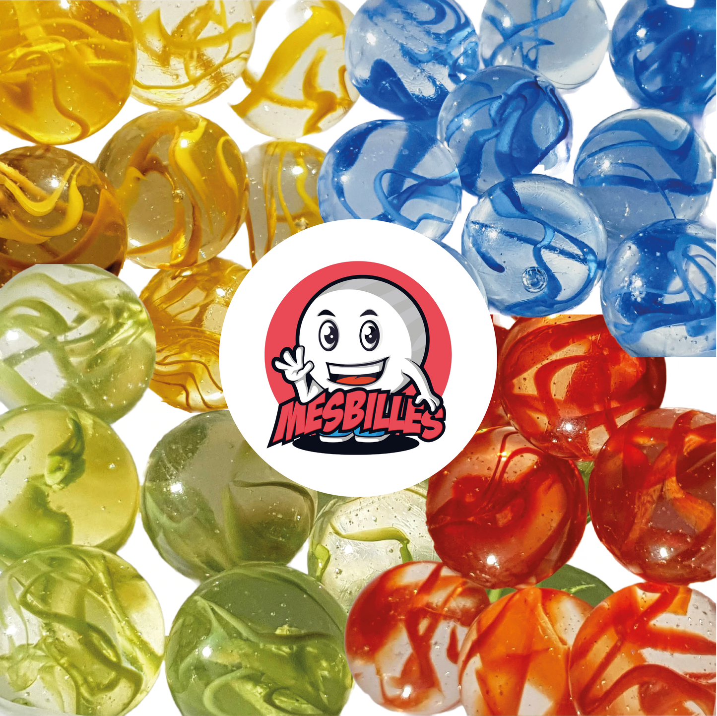 Bild des Maskottchens Meine Murmeln, umgeben von durchsichtigen Murmeln, durchzogen von GELBEN Bändern, Murmeln 25 mm