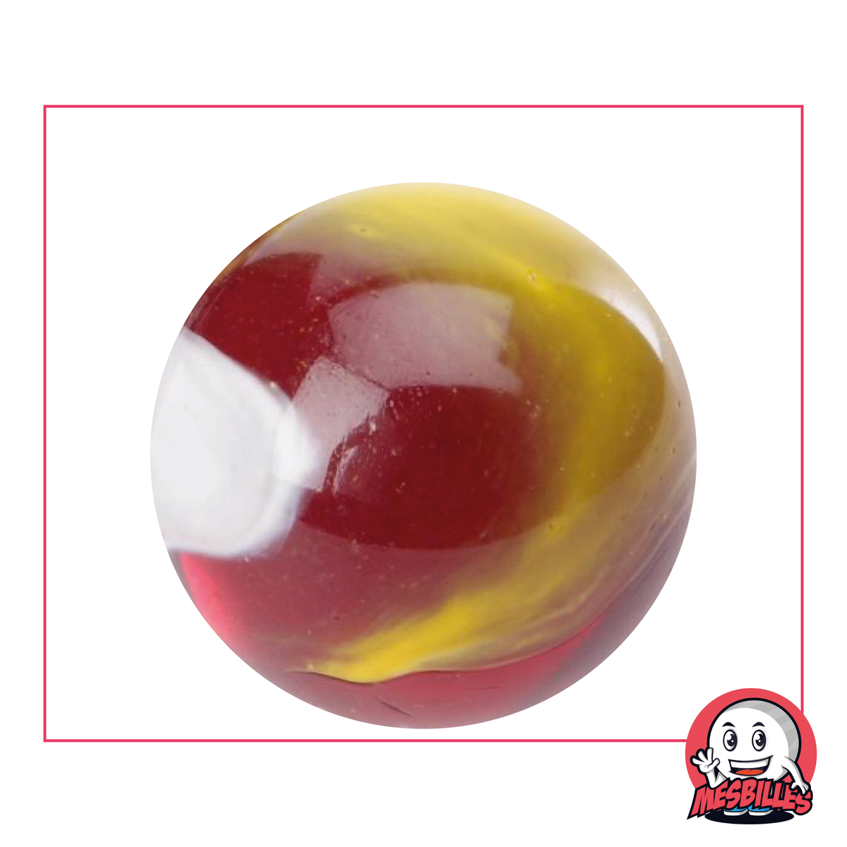 Murmeln Clown 42 mm aus dunkelrotem, transluzentem Glas mit weißen und gelben Kurven, große Murmeln