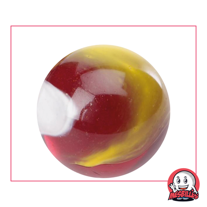 Murmeln Clown 42 mm aus dunkelrotem, transluzentem Glas mit weißen und gelben Kurven, große Murmeln