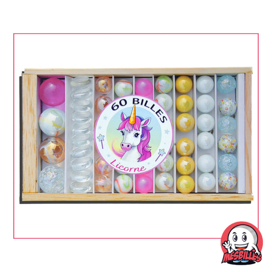 60 billes dans un coffret féérique : Billes opaques, brillantes, irisées, plates ou rondes