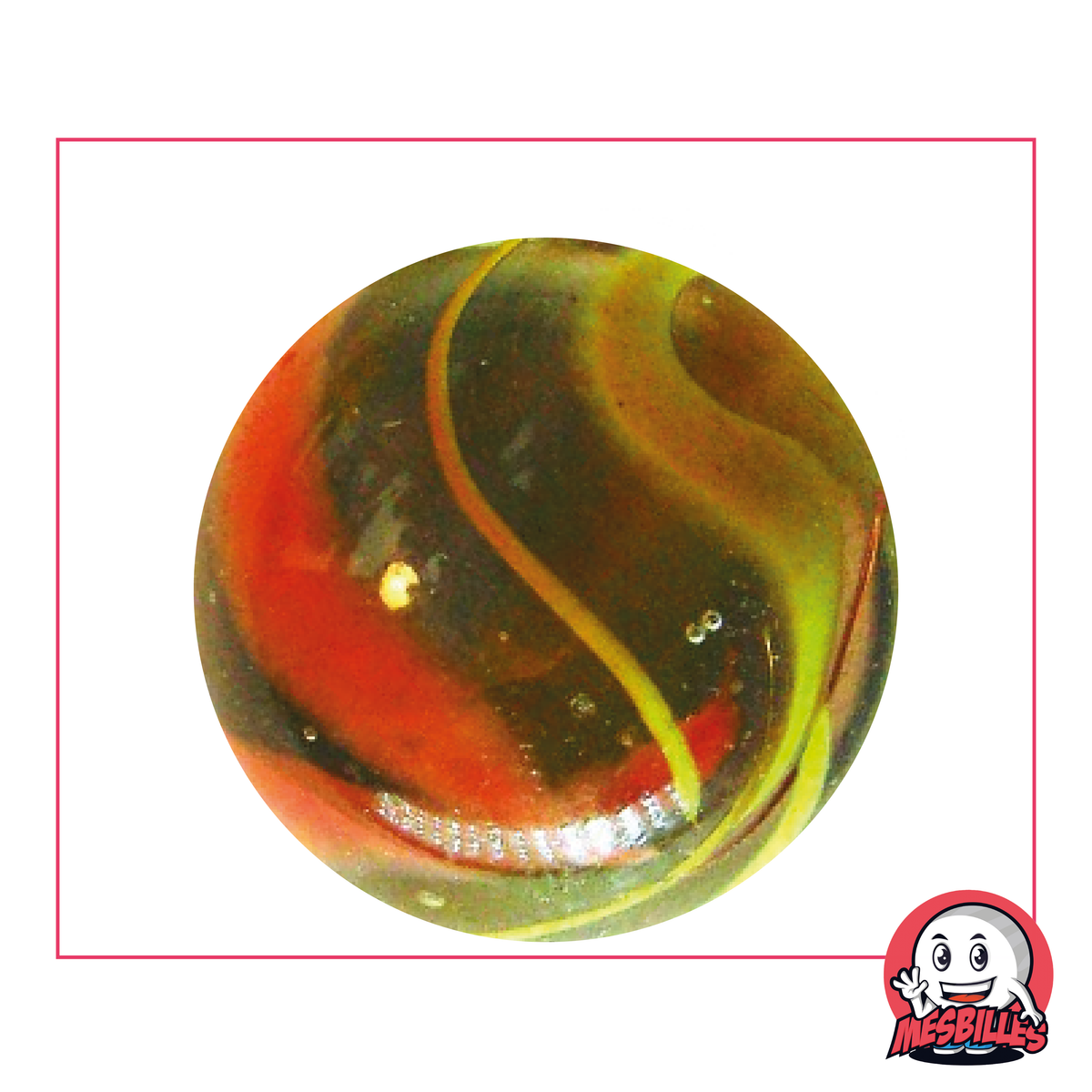Murmeln Condor 42 mm aus transparentem Glas mit orangefarbenen und gelben Wellen, Murmeln in Walgröße