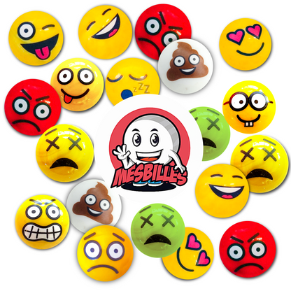 Marketingillustration aus dem MesBilles Universum: Murmeln mit verschiedenen Gesichtsausdrücken bilden eine Konstellation von Emotionen um das Markenlogo