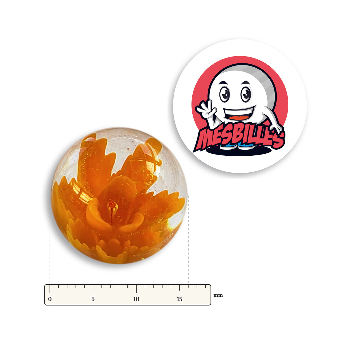 Bille Art Pissenlit Orange 16 mm verre de Bohême avec règle graduée