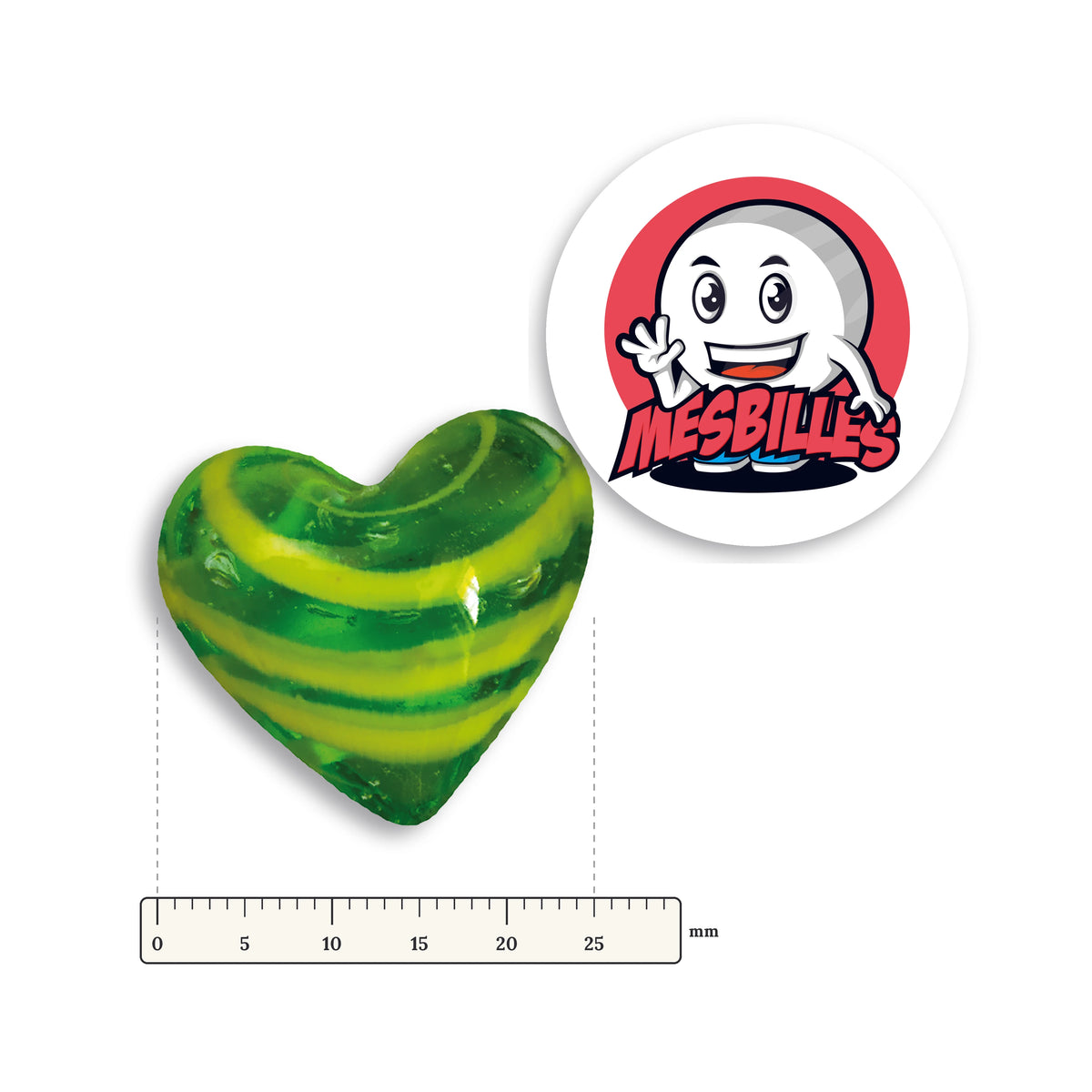 Bille Coeur Cristal Vert Rayée Jaune à côté d'une règle graduée, environ 25 mm de large
