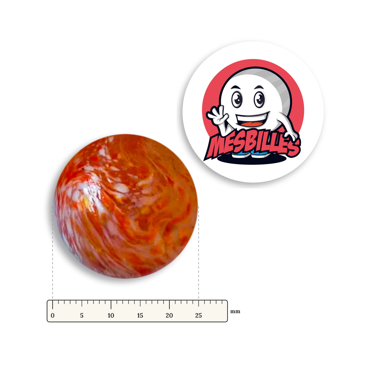 Bille Flyer Rouge 25 mm KimPlay Collector à côté d'une règle graduée, 25 mm de diamètre