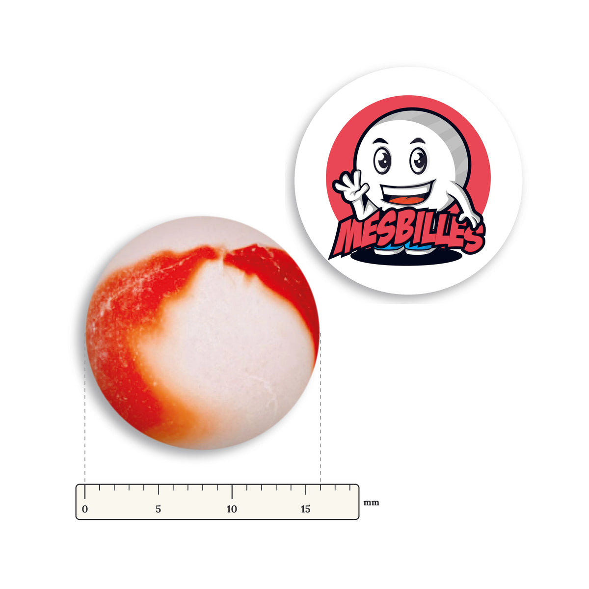 Bille Givrée Rouge à côté d'une règle graduée, 16 mm de diamètre