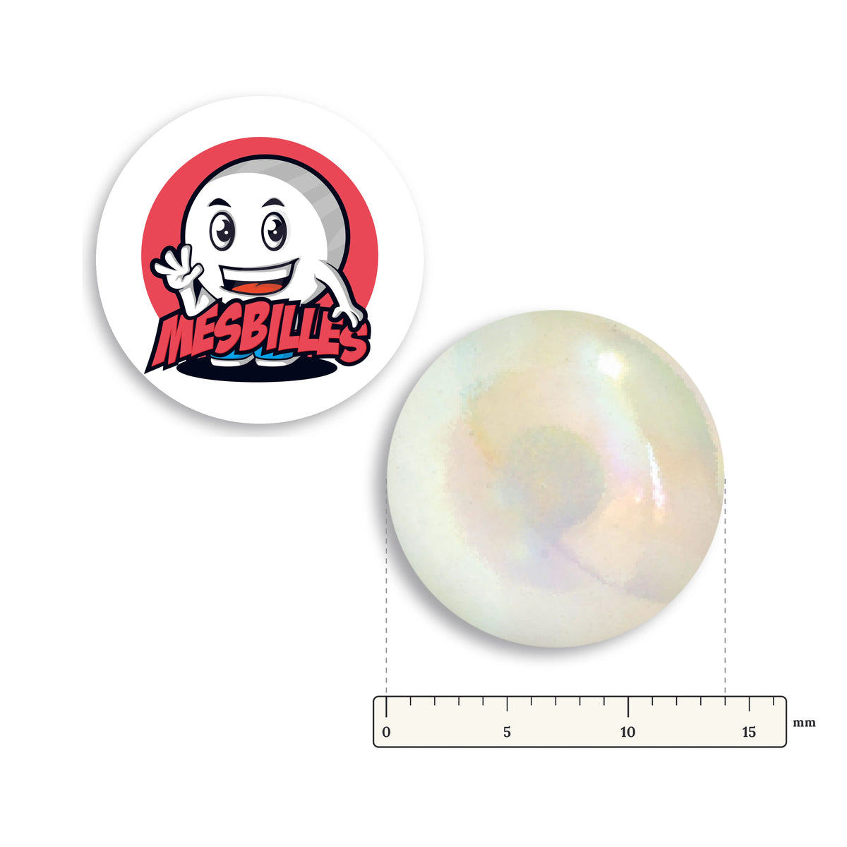 Bille Irisé Cristal à côté d'une règle graduée, 14 mm de diamètre