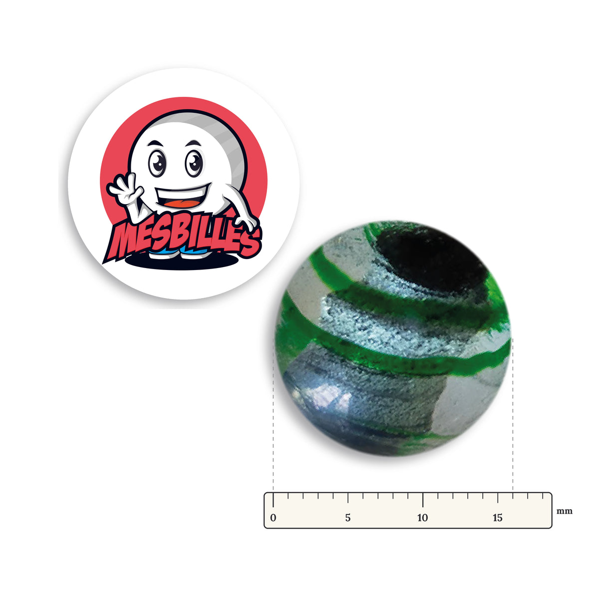 Bille Oeil de Dragon Rayé Vert 16 mm KimPlay Collector à côté d'une règle graduée, 16 mm de diamètre