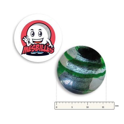 Bille Oeil de Dragon Rayé Vert 16 mm KimPlay Collector à côté d'une règle graduée, 16 mm de diamètre