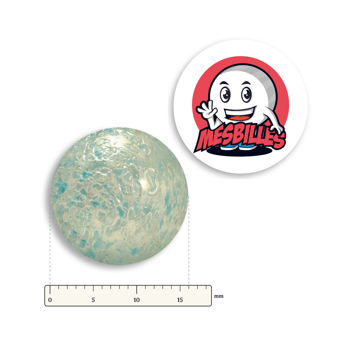 Bille Pépite Bleu 16 mm à côté d'une règle graduée, 16 mm de diamètre
