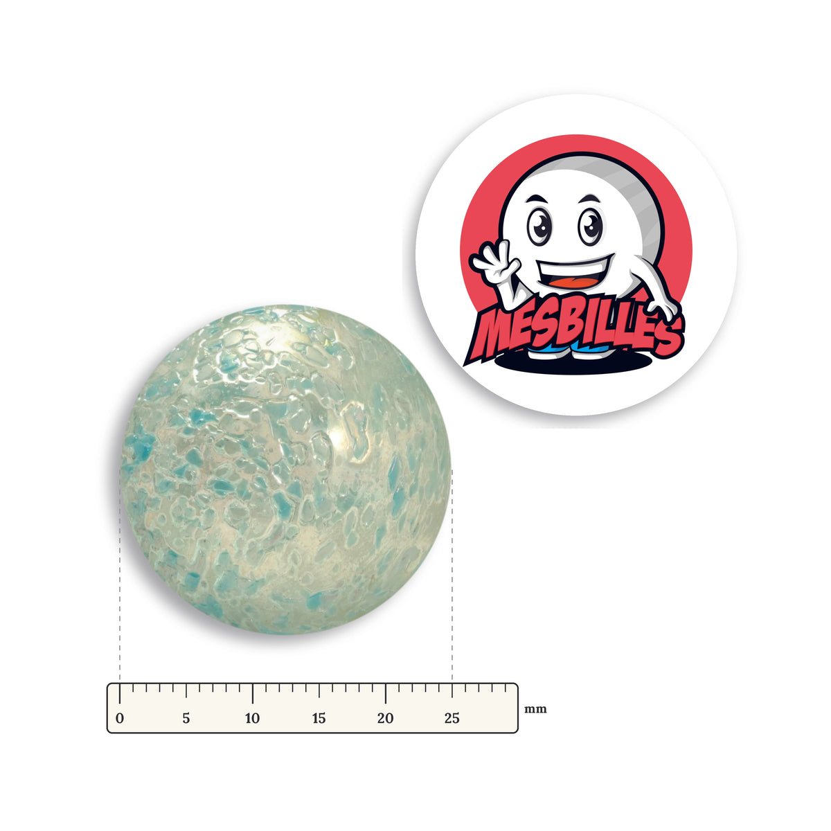 Bille Pépite Bleu Clair 25 mm à côté d'une règle graduée, 25 mm de diamètre