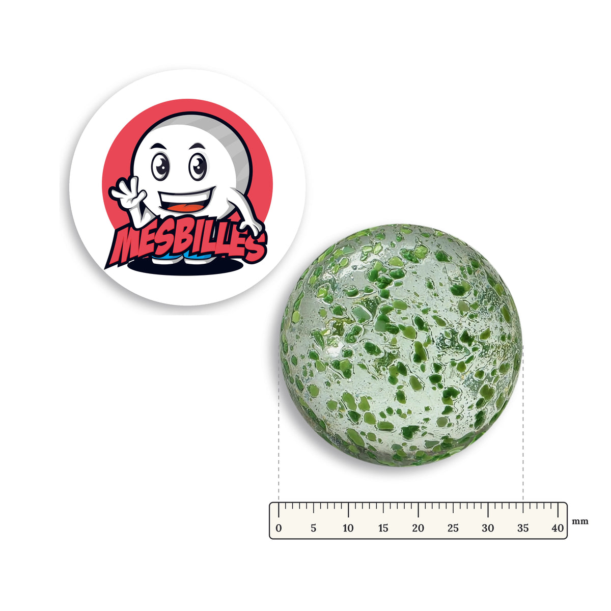 Grande bille Pépite Bohême Vert 35 mm avec règle graduée