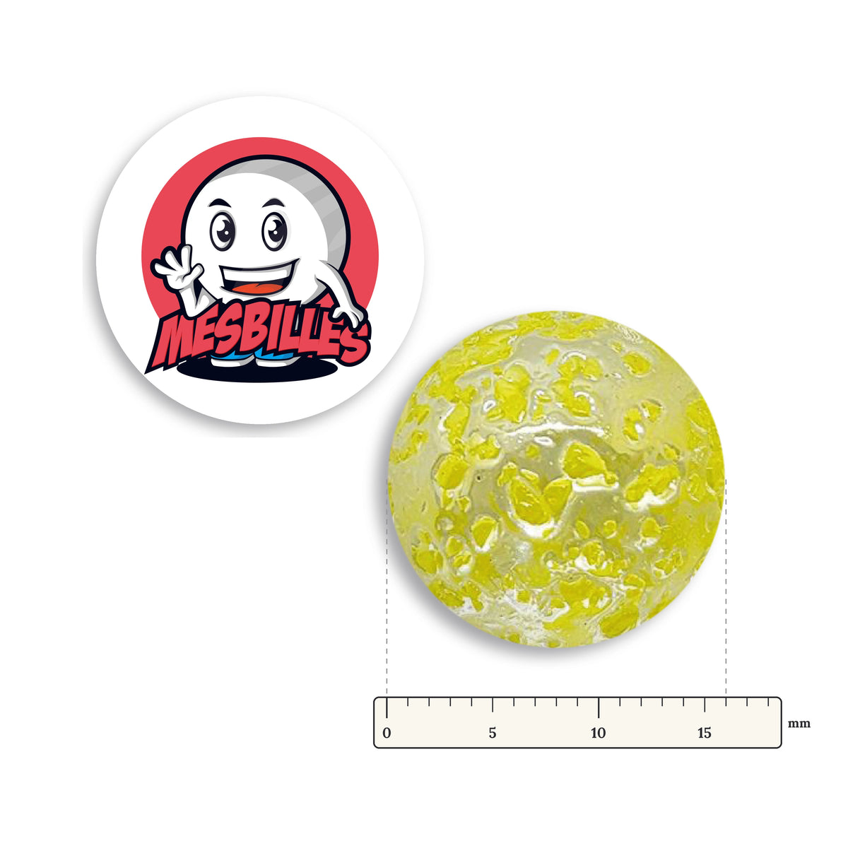 Bille Pépite Jaune 16 mm à côté d'une règle graduée, 16 mm de diamètre