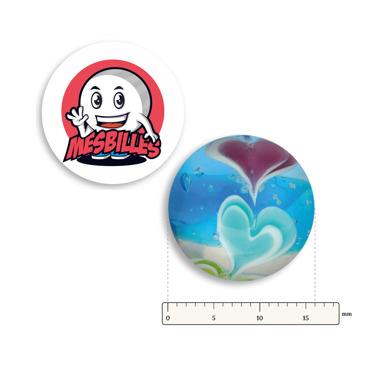Bille Phosphorescente Art Ice Cream Bleu 16 mm à côté d’une règle graduée, 16 mm de diamètre