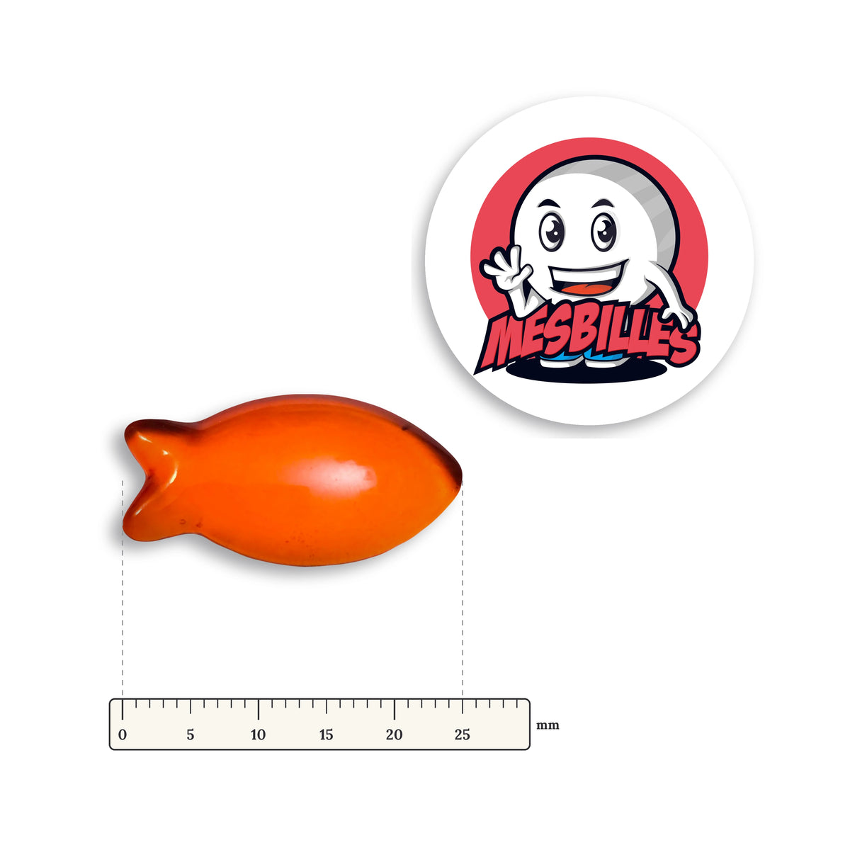 Bille Poisson Orange Extra-Plate à côté d'une règle graduée, 25 mm de long