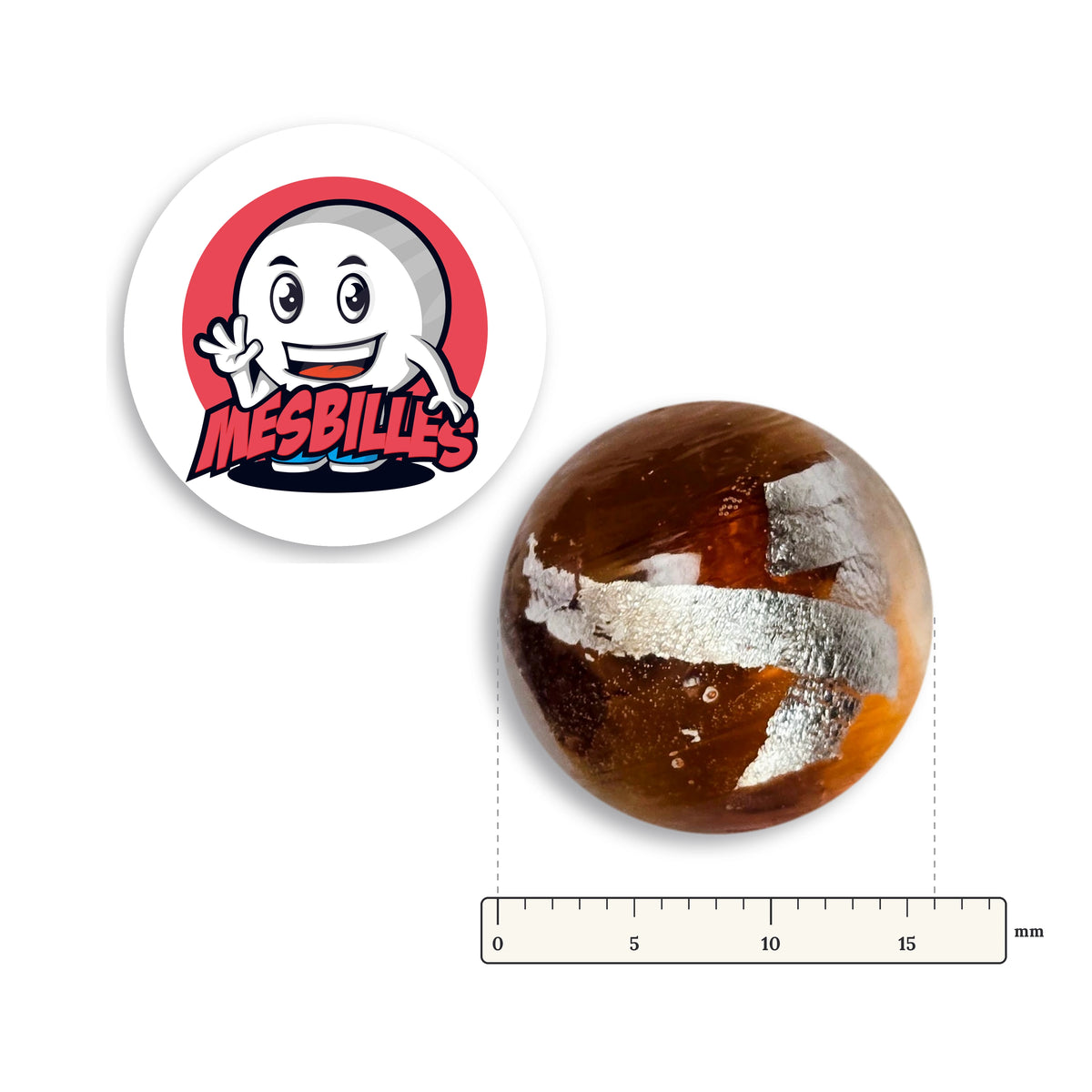 Bille Serpentin Ambre 16 mm Collector à côté d'une règle graduée, 16 mm de diamètre