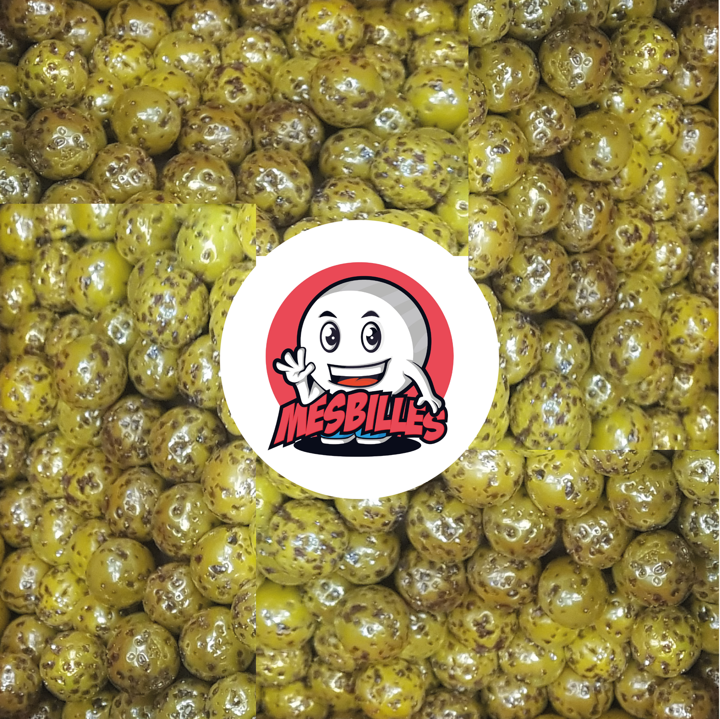 Bild des Maskottchens MeineMurmeln umgeben von Edelsteinperlen 16 mm, gelb mit violetten Sprenkeln